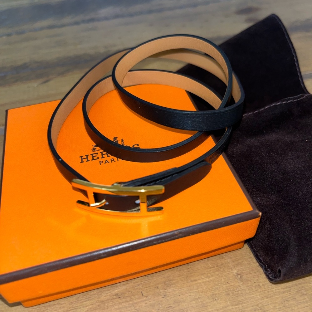 🧡HERMES Behapi Double Tour black leather belt bracelt with gold hardware - Picture 7 of 12